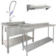 Pia comercial KuKoo em aço inox, torneira de pré-enxágue, bancada de 6 pés com prateleiras montadas na parede, ideal para buffets