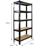 5 x prateleiras de metal preto T-Rax sem parafusos 75cm x 150cm x 30cm