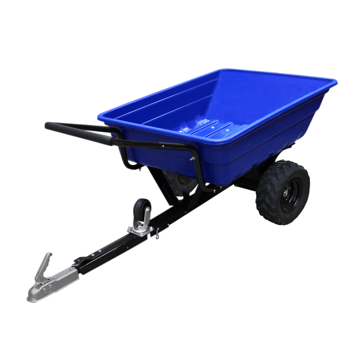 Pneu de reboque para quadriciclo, com estrutura preta e caixa azul, ideal para uso fora de estrada, resistente e durável
