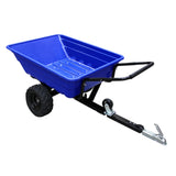 Reboque para quadriciclo com caçamba azul, rodas robustas e estrutura metálica, ideal para uso fora de estrada e transporte de carga