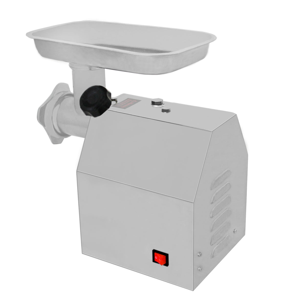 Moedor de carne elétrico em aço inox, com bandeja retangular, botão de controle e design compacto, ideal para uso doméstico