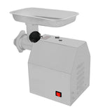 Moedor de carne elétrico em aço inox, com bandeja retangular, botão de controle e design compacto, ideal para uso doméstico