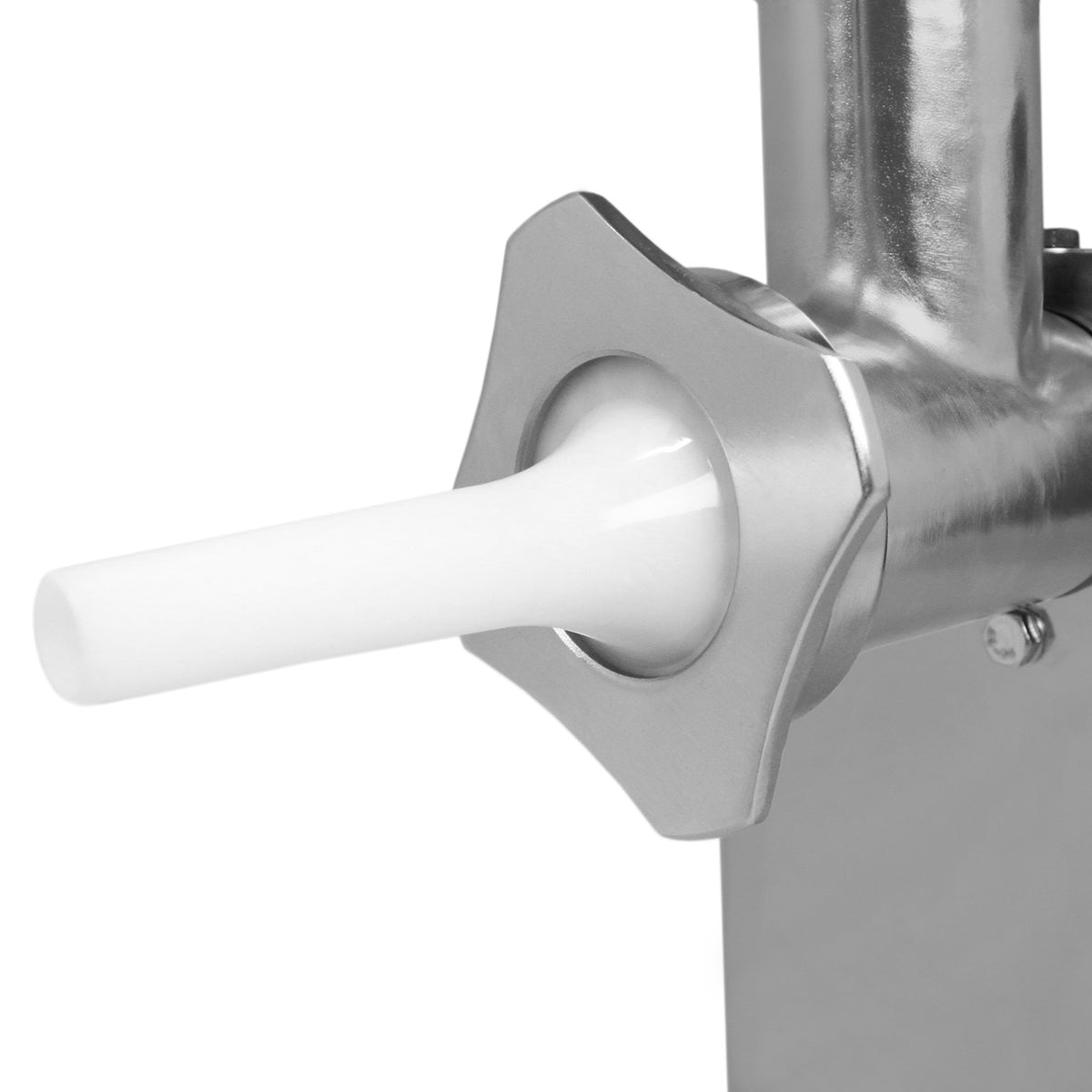 Bico de aço inoxidável com acabamento polido, apresentando um tubo de plástico branco, ideal para uso em equipamentos de cozinha