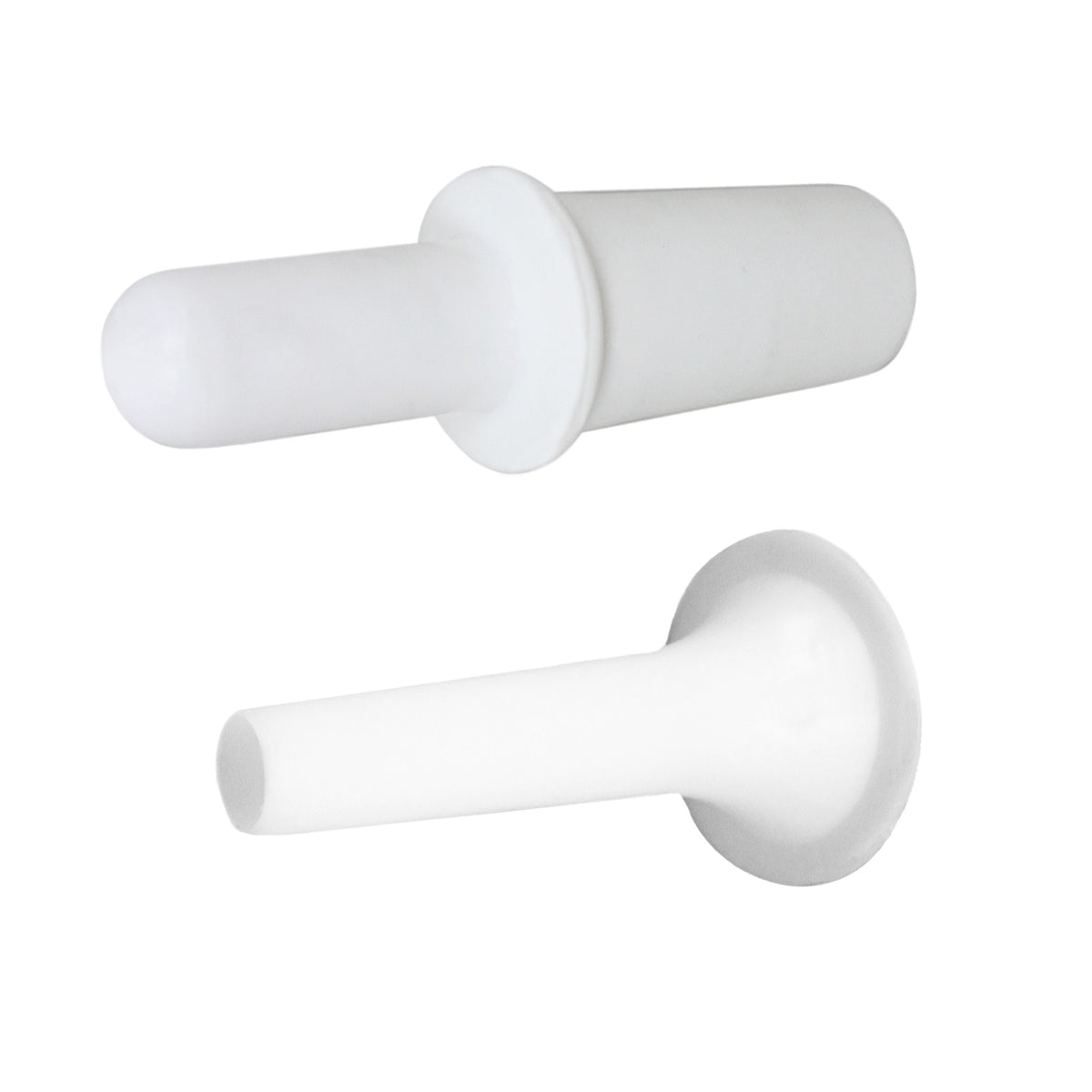 Dois aplicadores de silicone brancos, um com ponta arredondada e outro com base larga, ideal para uso em artesanato e decoração