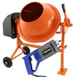 Misturador de cimento manual laranja com tambor redondo, eixo de 2 m e vibrador de concreto azul, ideal para construção civil
