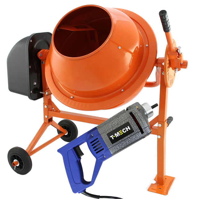 Misturador de cimento manual laranja com tambor redondo, eixo de 2 m e vibrador de concreto azul, ideal para construção civil