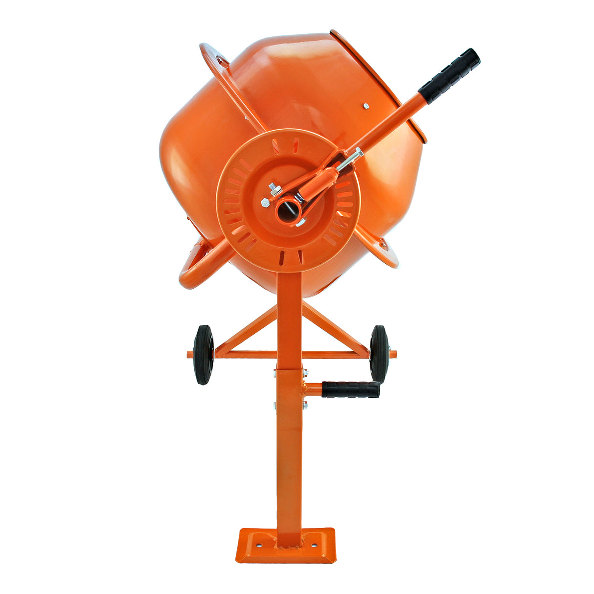 Misturador de cimento manual laranja com eixo de 2 m, estrutura metálica, rodas para fácil movimentação e alça de manuseio ergonômica