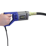 Misturador de cimento manual com cabo azul e prateado, eixo de 2 m, ideal para misturar concreto de forma eficiente