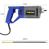 Misturador de cimento manual com corpo azul e cinza, cabo de 2 m, ideal para misturar concreto com eficiência e praticidade