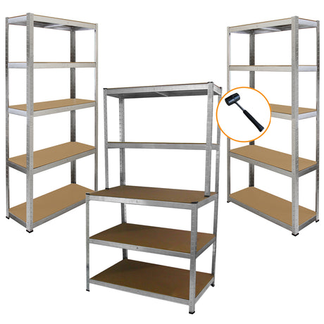 Conjunto de prateleiras Galwix em metal prateado, com prateleiras de MDF marrom, ideal para organização em bancadas de trabalho