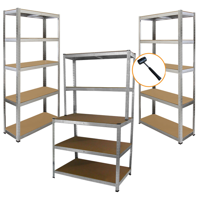 Conjunto de prateleiras Galwix em metal prateado, com prateleiras de MDF marrom, ideal para organização em bancadas de trabalho