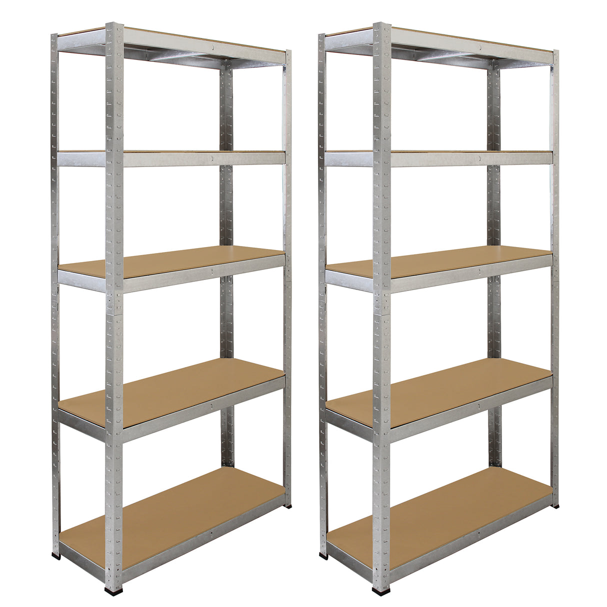 Conjunto de duas prateleiras de metal prateado com prateleiras de MDF marrom, ideal para organização em bancadas de trabalho