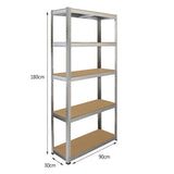 Estante de metal galvanizado com prateleiras de MDF, medindo 90cm de largura, 30cm de profundidade e 180cm de altura, ideal para organização