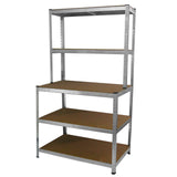 Unidade de prateleiras em metal prateado com quatro prateleiras marrons, ideal para bancadas de trabalho e organização de ferramentas