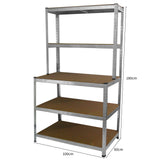 Prateleira de metal prateado com quatro níveis, estrutura robusta, prateleiras de MDF marrom, ideal para organização de ferramentas e materiais