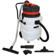 Aspirador industrial 90L em branco e preto, com detalhes laranja, mangueira flexível e acessórios para limpeza de pisos secos e molhados