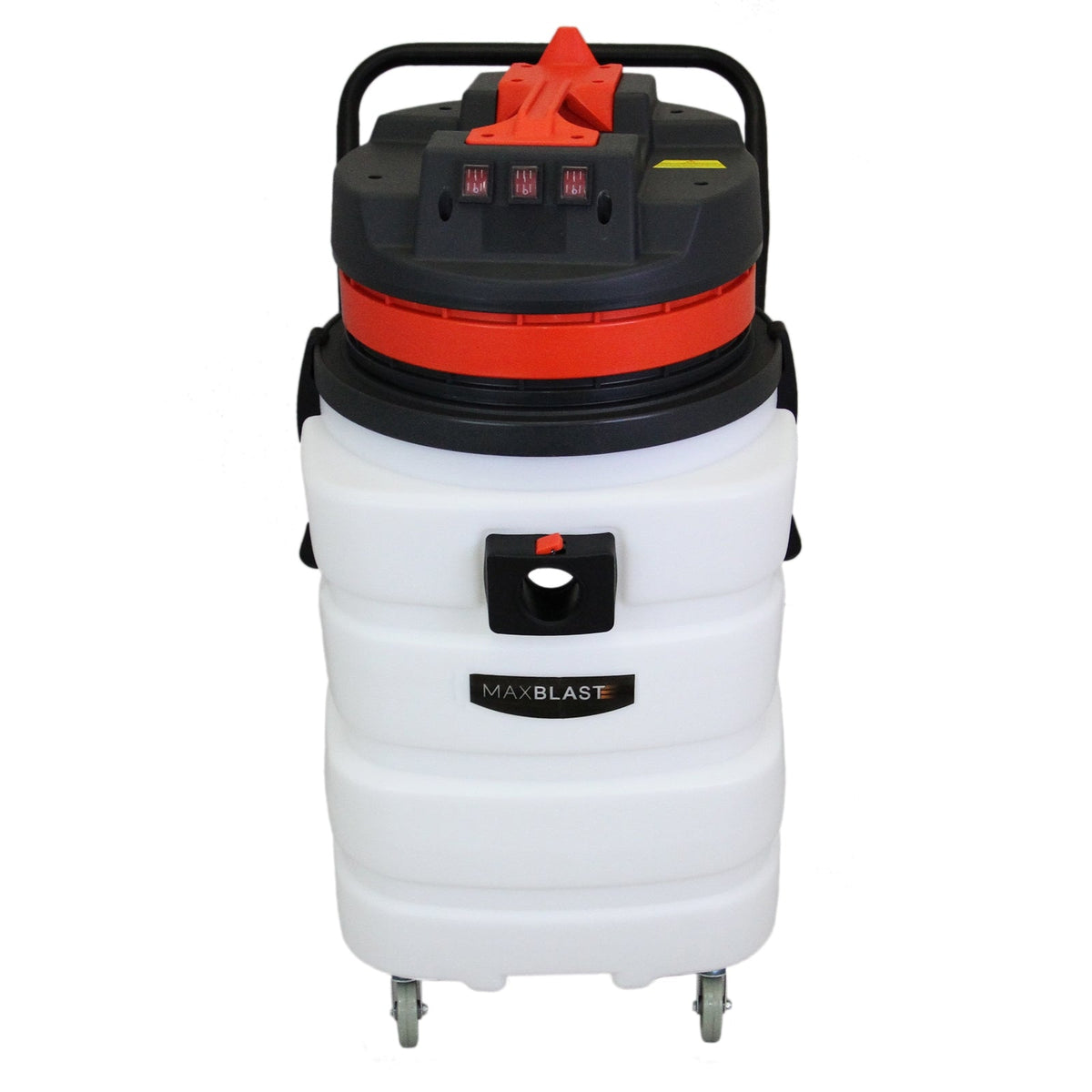 Aspirador industrial 90L em branco e preto com detalhes vermelhos, rodas para fácil movimentação, ideal para pisos secos e molhados