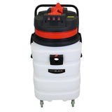 Aspirador industrial 90L em branco e preto com detalhes vermelhos, rodas para fácil movimentação, ideal para pisos secos e molhados