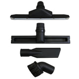 Conjunto de bicos para aspirador industrial, incluindo bico para pisos, bico de fenda e escova, todos em plástico preto e resistente