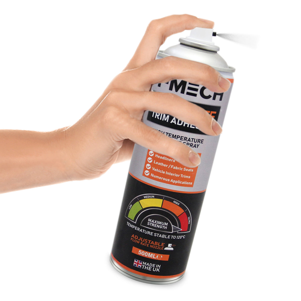 Spray adesivo para revestimento de van, frasco de 500ml, com rótulo colorido e indicador de força de adesão, ideal para VW Caddy