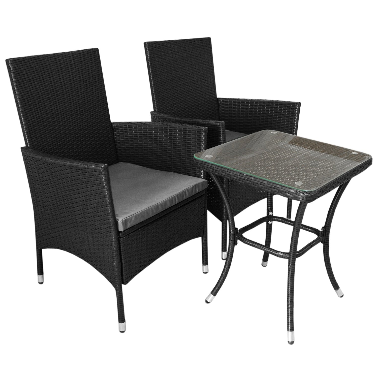 Conjunto bistró de rattan, 3 peças, cadeira de jardim ao ar livre, mesa, pá tio, sala de jantar, varanda, preto
