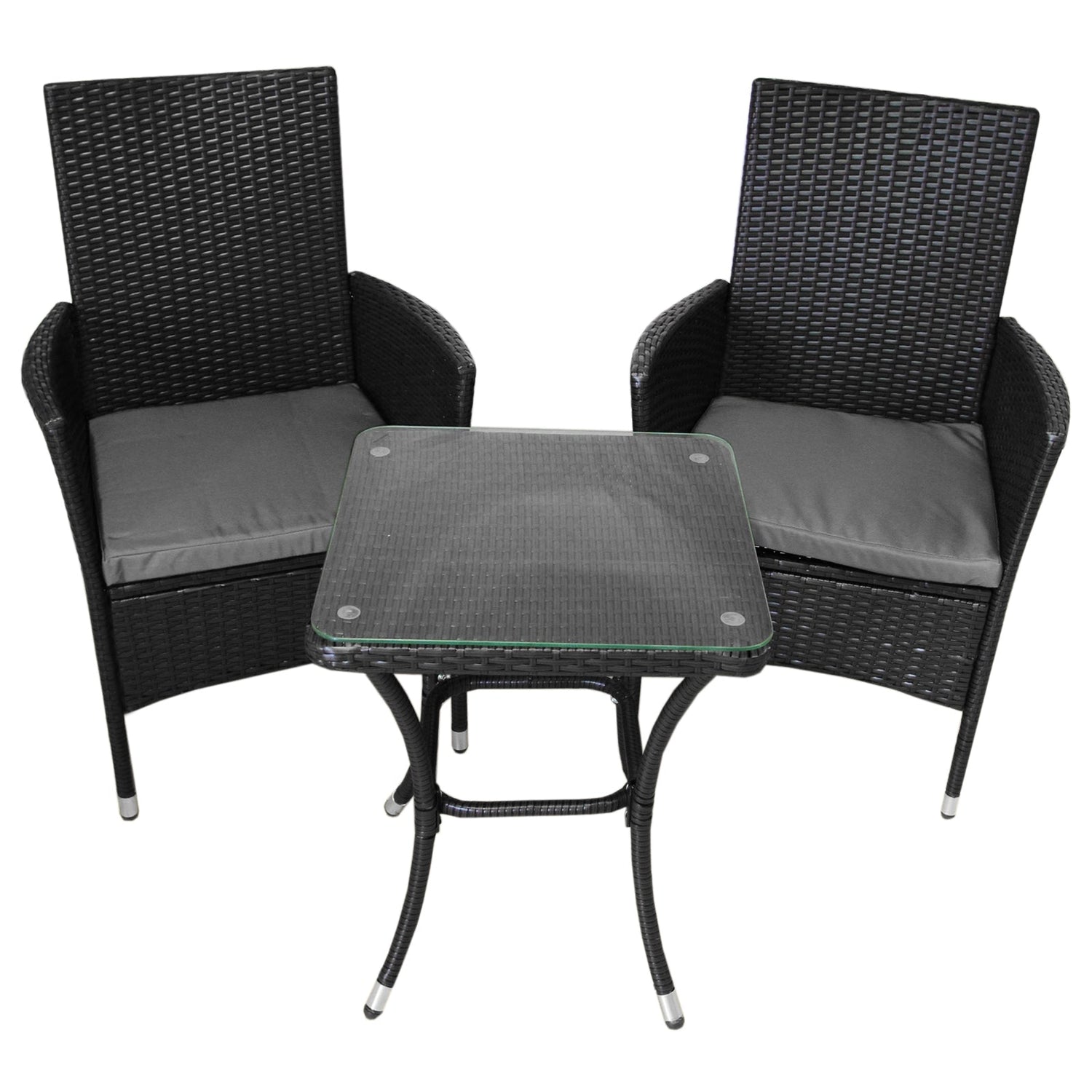 Conjunto bistró de rattan, 3 peças, cadeira de jardim ao ar livre, mesa, pá tio, sala de jantar, varanda, preto