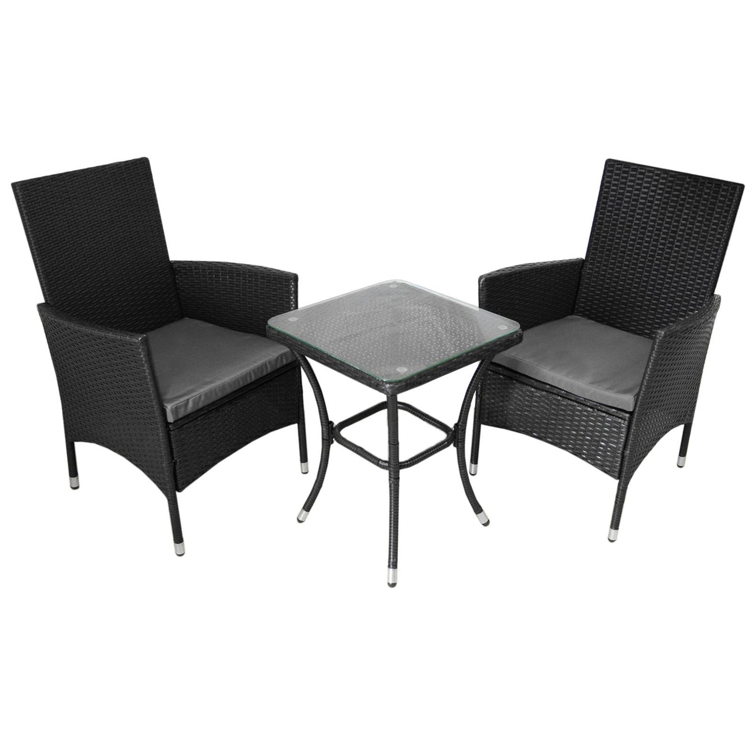 Conjunto bistró de rattan, 3 peças, cadeira de jardim ao ar livre, mesa, pá tio, sala de jantar, varanda, preto