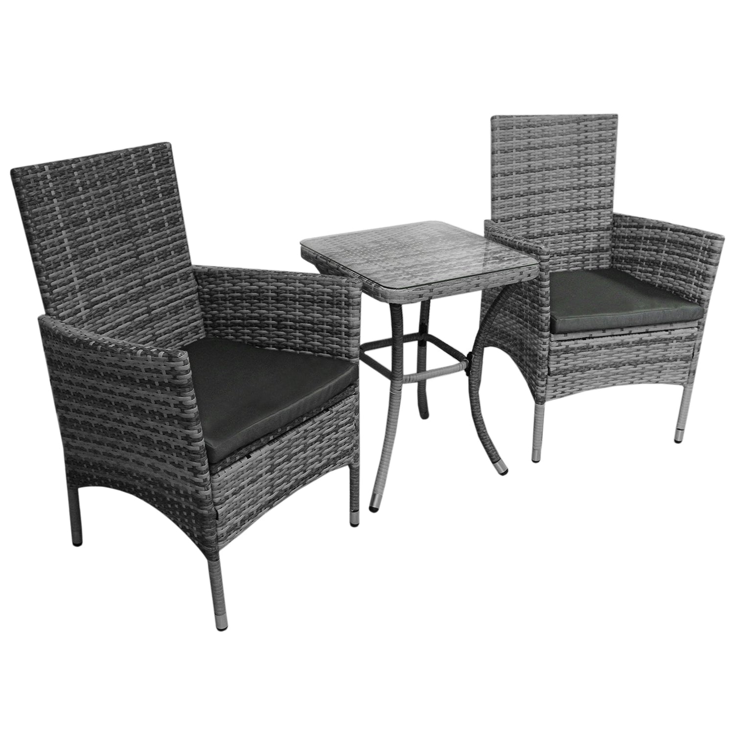 Conjunto bistró de rattan, 3 peças, cadeira de jardim ao ar livre, mesa, pá tio, sala de jantar, varanda, cinza