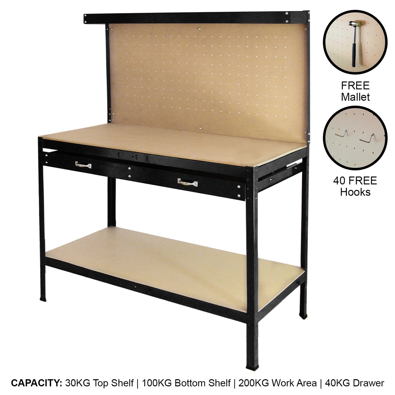 Bancada de trabalho mesa de trabalho ganchos gaveta oficina preto