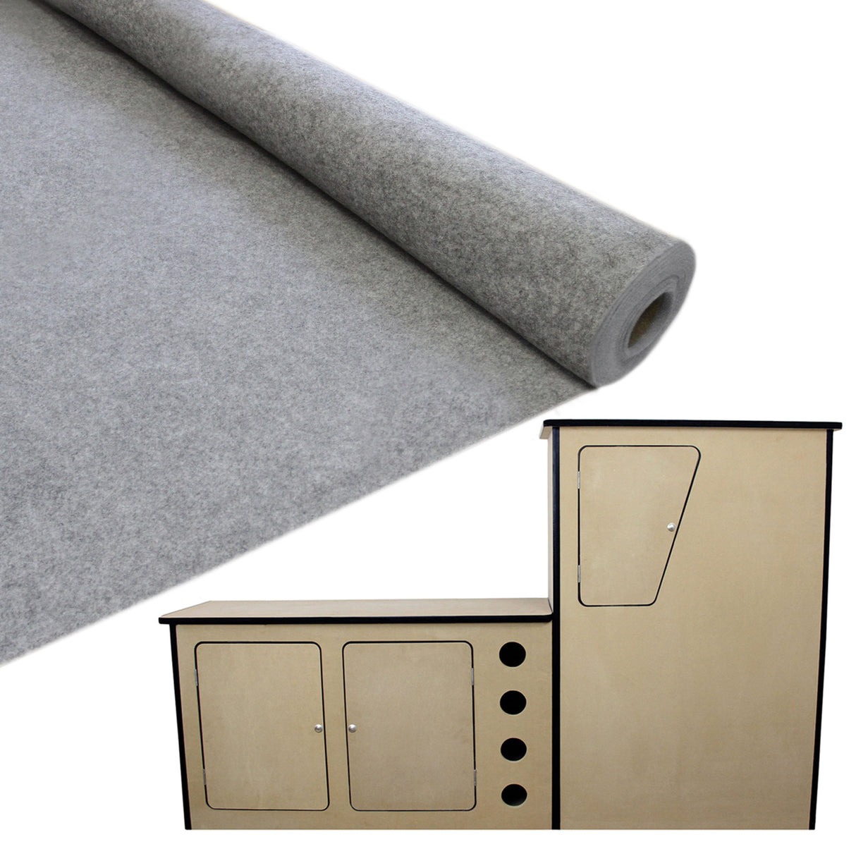 Revestimento cinza fumê em rolo, ideal para vans, com textura macia, e cozinha compacta em madeira clara com portas e nichos
