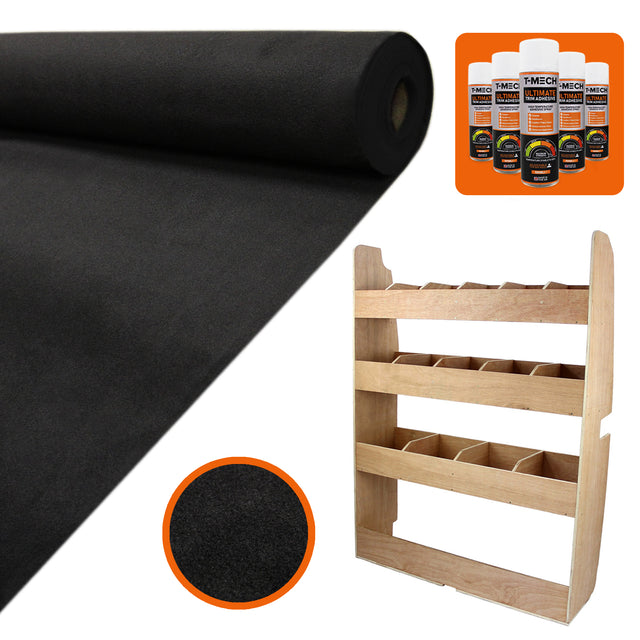 Revestimento preto em rolo, textura suave, ideal para vans, acompanhado de cola e rack de madeira para Ford Transit Custom