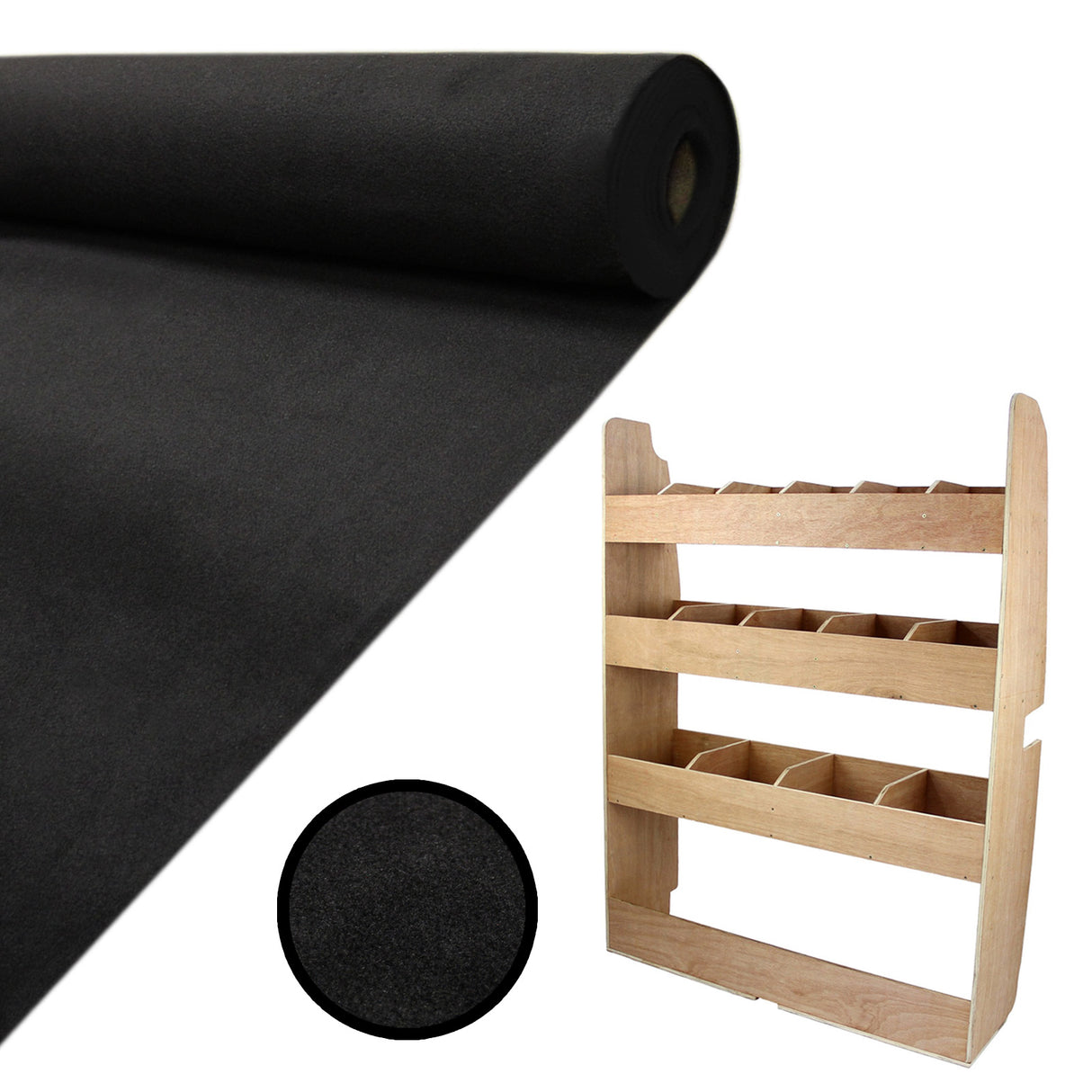 Revestimento preto em rolo com textura suave, ideal para vans, acompanhado de rack de madeira para organização de acessórios