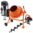 Perfurador de solo T-Mech, betoneira laranja brilhante com rodas e bate-estacas, ideal para construção e jardinagem