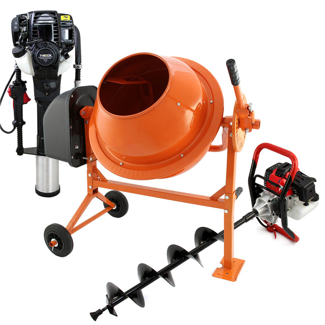 Perfurador de solo T-Mech, betoneira laranja brilhante com rodas e bate-estacas, ideal para construção e jardinagem