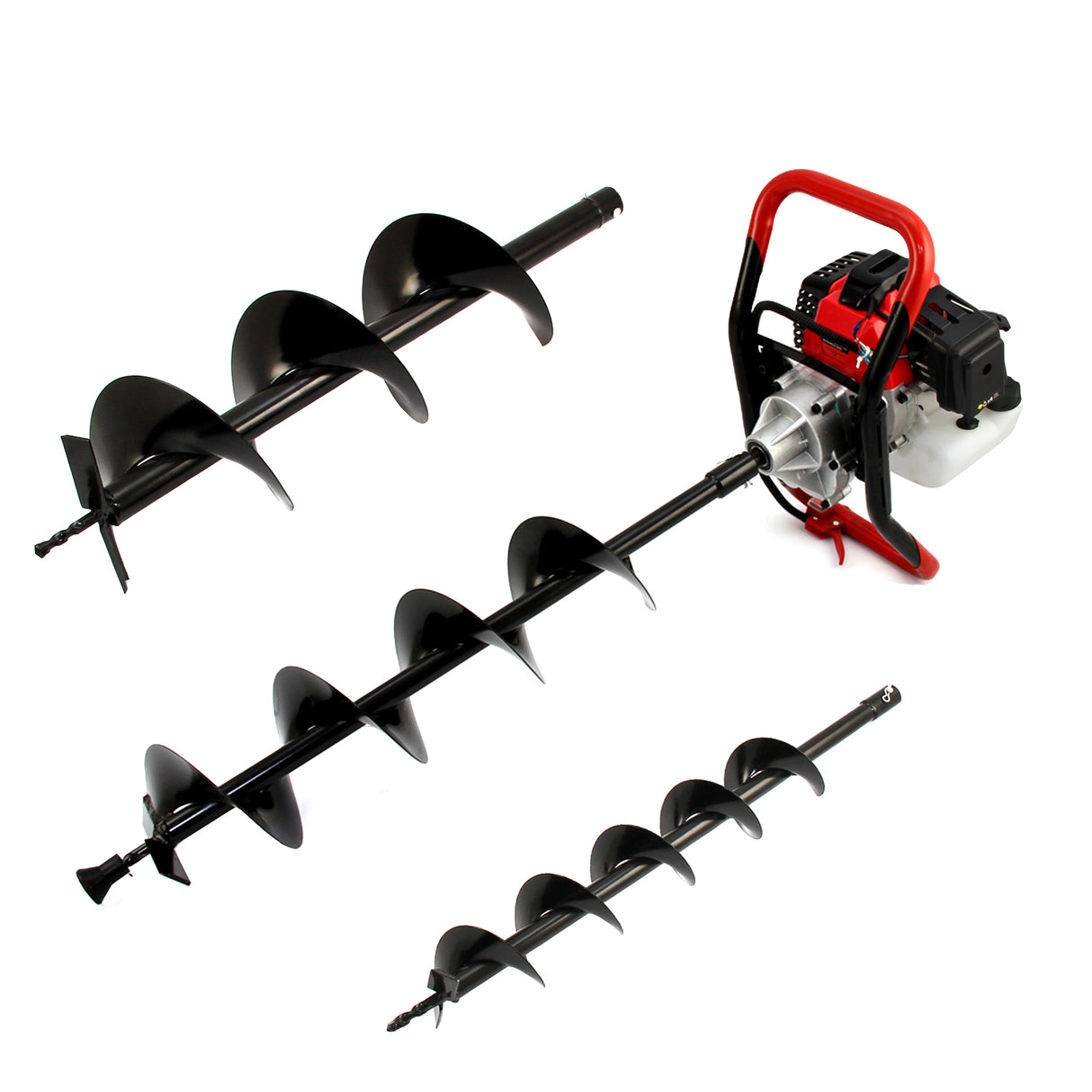 Perfurador de solo T-Mech com motor de 2 tempos, lâminas helicoidais pretas e estrutura vermelha, ideal para jardinagem e construção