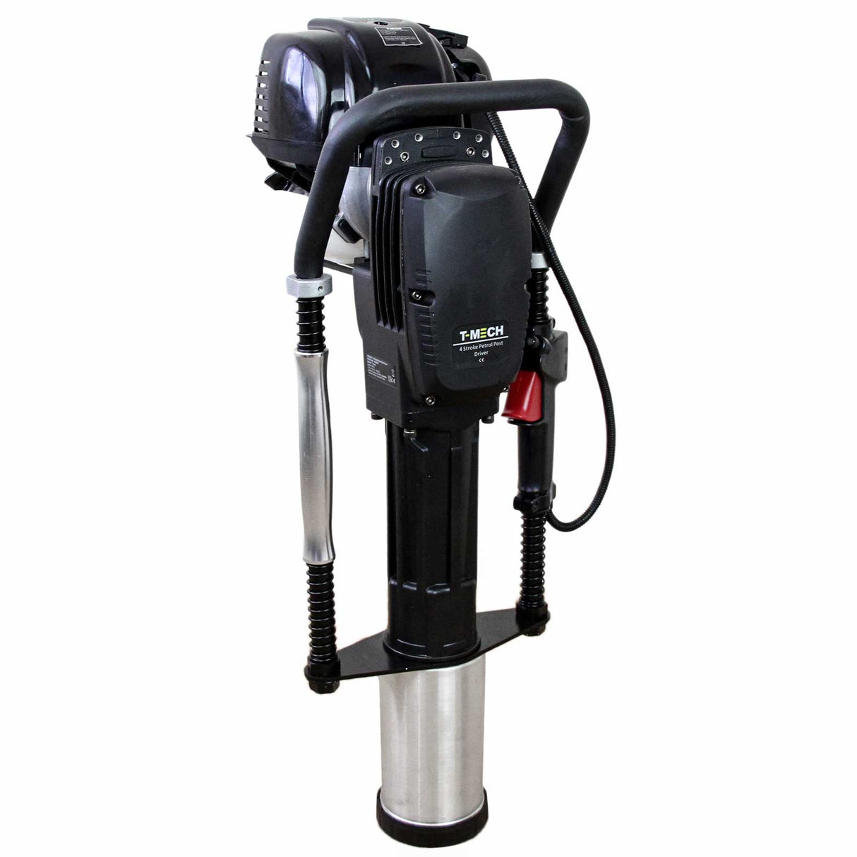 Perfurador de solo T-Mech em preto e prata, com design robusto, alças ergonômicas e motor potente para perfuração eficiente