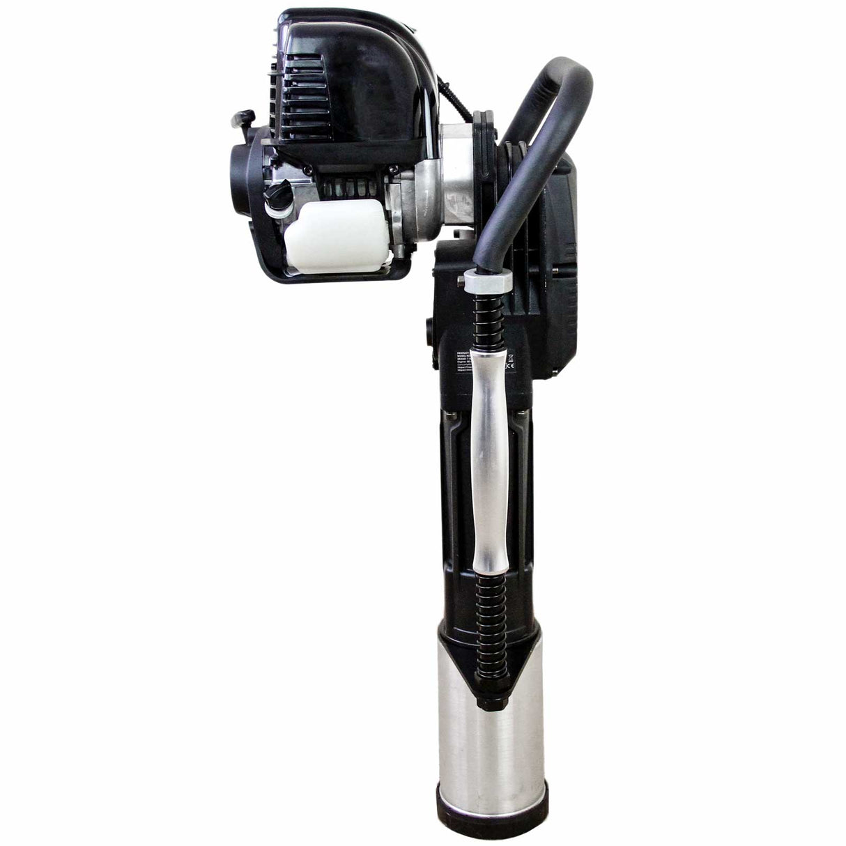 Perfurador de solo T-Mech com motor de 2 tempos, corpo preto e prateado, design robusto e alça ergonômica para uso fácil