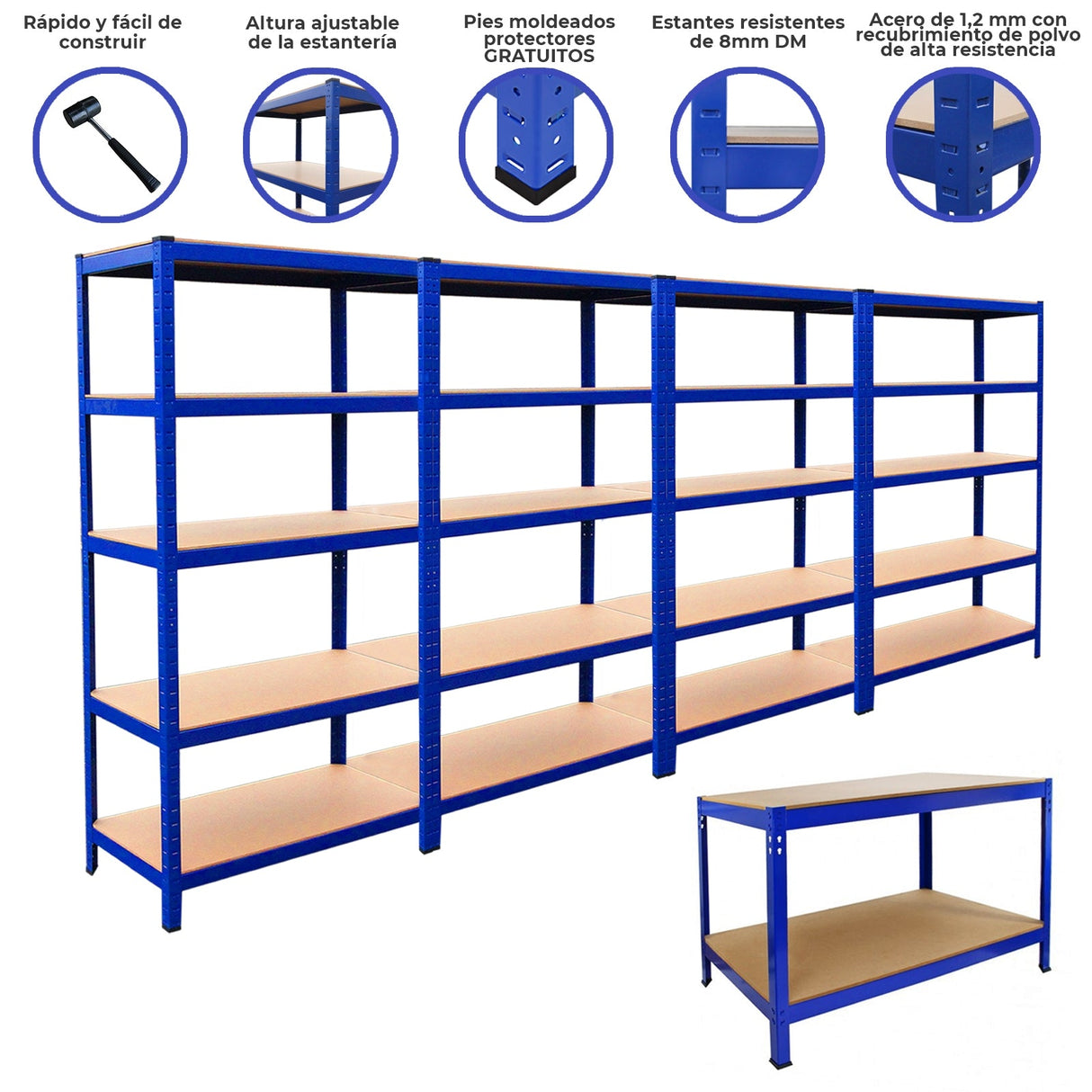 4x Prateleiras 1xWorkbench Banco de armazenamento em aço sem parafusos Estantes de garagem DM