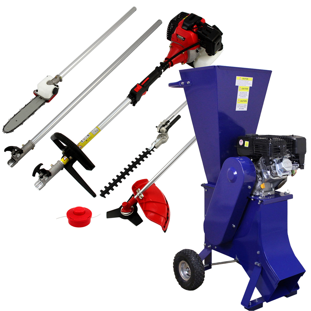 Ferramenta multifuncional 5 em 1 com triturador de madeira, motor de 6,5 HP, lâminas prateadas e corpo azul robusto, ideal para jardinagem
