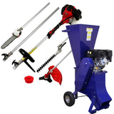 Ferramenta multifuncional 5 em 1 com triturador de madeira, motor de 6,5 HP, lâminas prateadas e corpo azul robusto, ideal para jardinagem