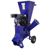 Triturador de madeira multifuncional 5 em 1, com motor de 6,5 HP, estrutura azul, rodas para mobilidade e funil de saída ajustável