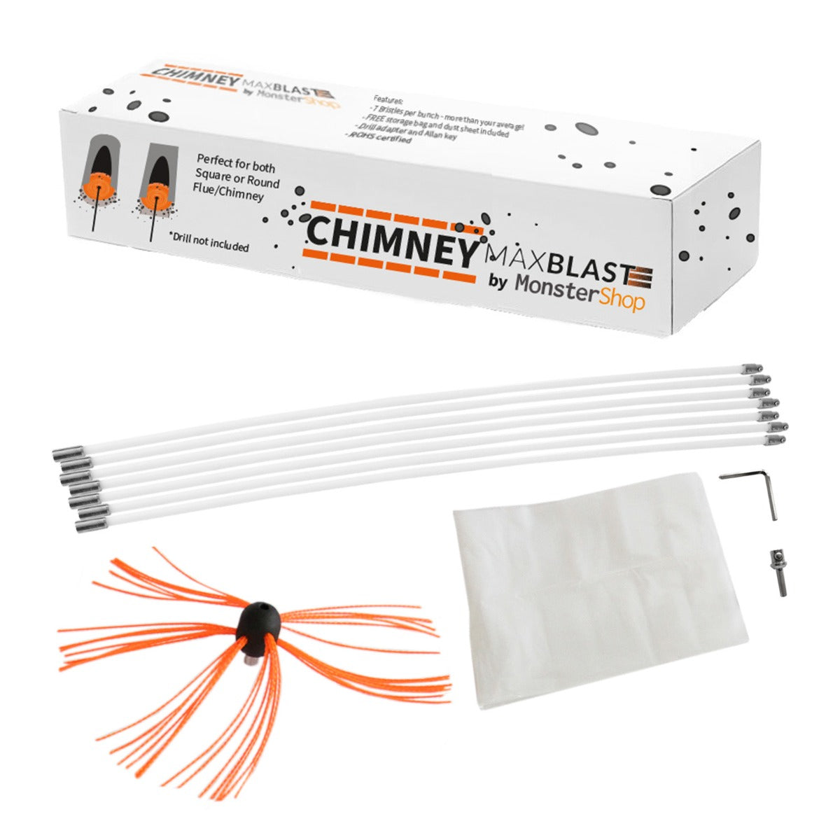 Escova Limpa Chaminés Nylon 7m Kit Flexível 7 Hastes
