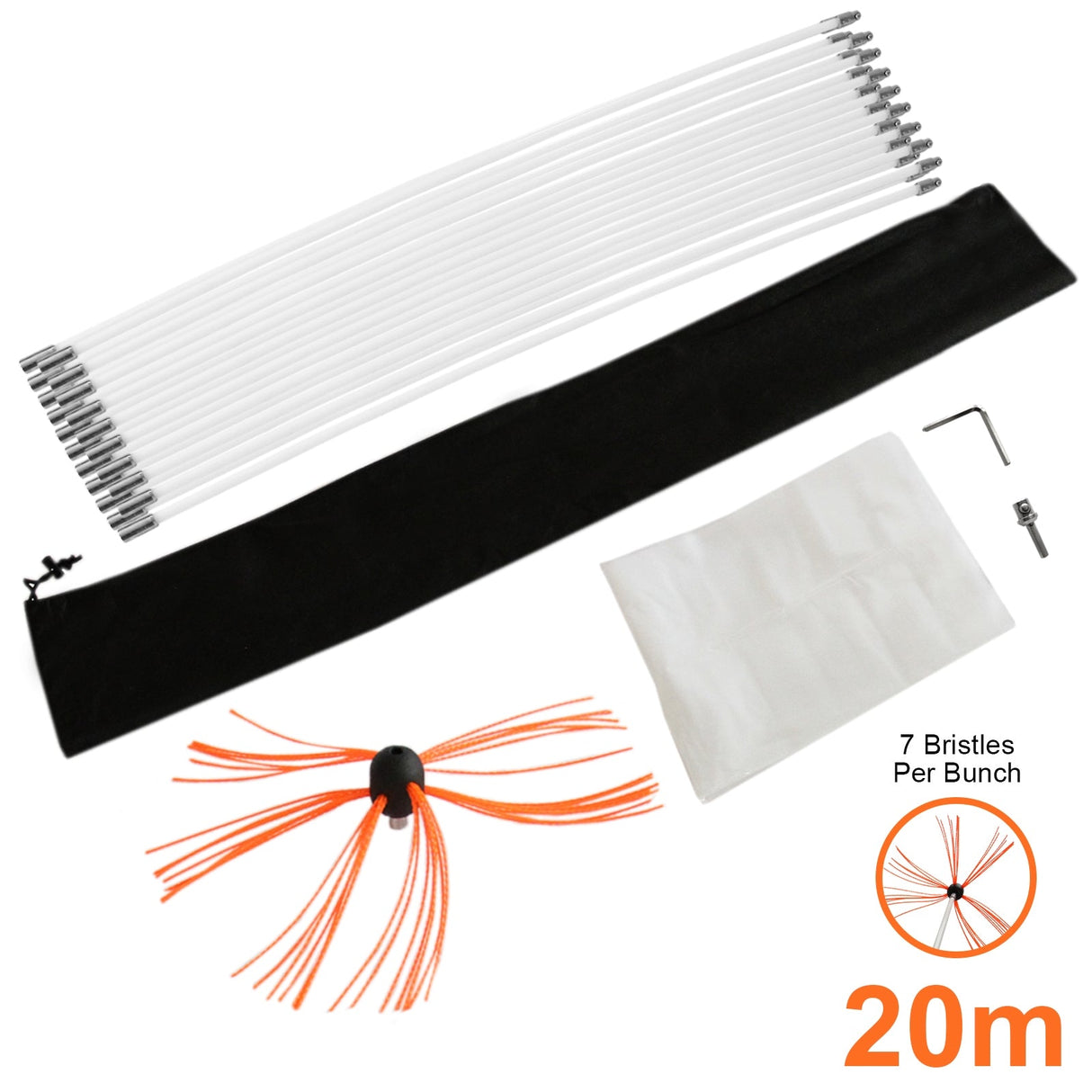 Escova Limpa Chaminés Escova Nylon 20m Kit Flexível 20 Hastes