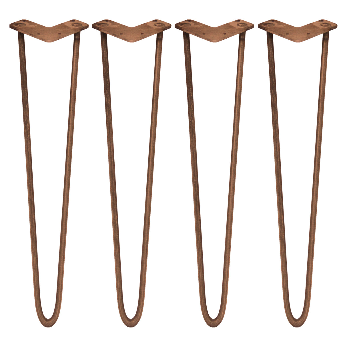 Pernas de garfo para mesa em metal marrom, com formato curvado e acabamento rústico, medindo 71 cm de altura e 10 mm de espessura