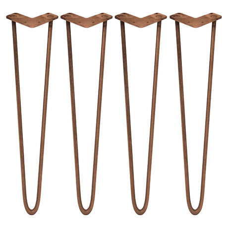 Pernas de garfo para mesa em metal marrom, com formato curvado e acabamento rústico, medindo 71 cm de altura e 10 mm de espessura
