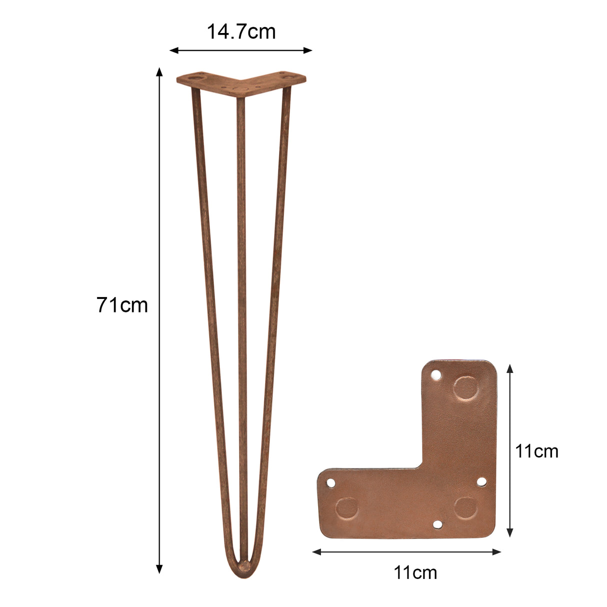 Pernas de garfo de mesa em metal marrom, 71 cm de altura, com três dentes de 12 mm, design moderno e resistente, ideal para móveis