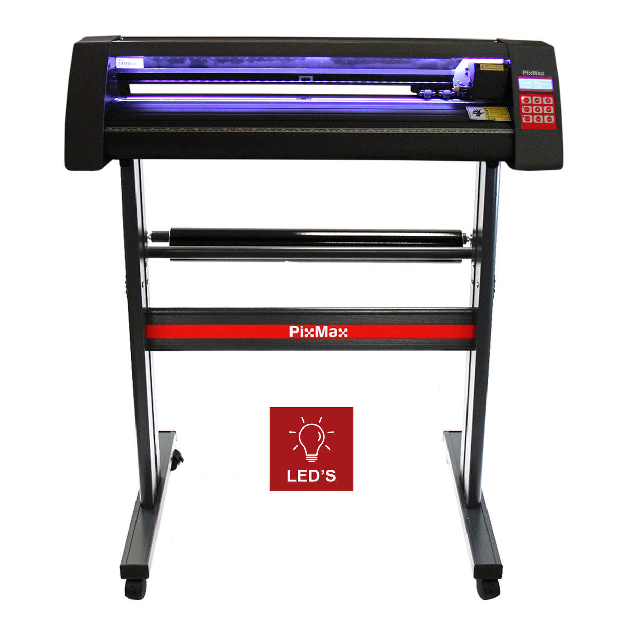Plotter de recorte de vinil 720 com estrutura metálica, suporte robusto, guia de luz LED e painel de controle em destaque