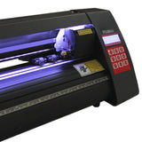 Plotter de recorte de vinil 720 com suporte, luz LED azul, painel de controle vermelho e detalhes em preto, ideal para design gráfico