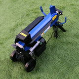 Rachador de toras T-Mech 7T com estrutura azul e preta, rodas robustas, ideal para cortar madeira de forma eficiente e prática