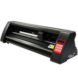 Plotter de recorte de vinil preto, com painel de controle vermelho, design robusto e sistema de alimentação contínua para impressões econômicas